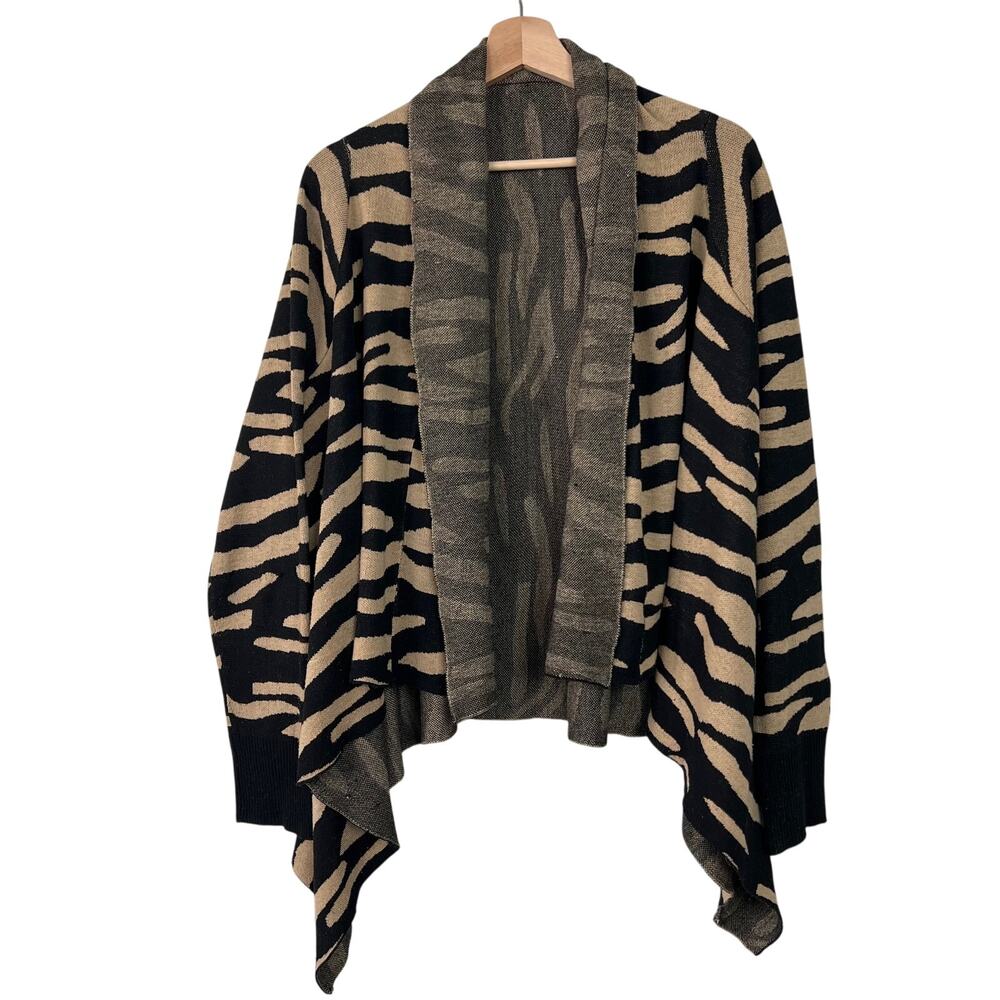 Dolce Cabo Women's Large Black and‎ Tan Zebra Print Open Waterfall Cardigan